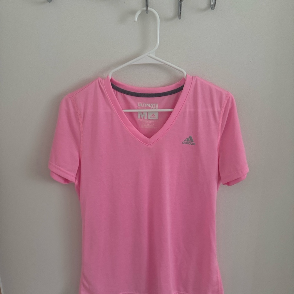 adidas Pink V-Neck Performance Tee with Gray Trim